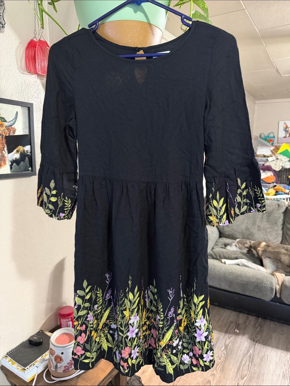 Old Navy Black Dress with Colorful Floral Hem and Cuffs